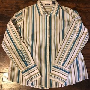 Women’s button down, long sleeve shirt.